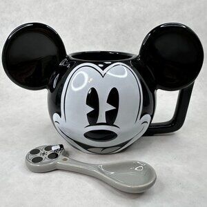 Vintage Disney Mickey Mouse Ceramic Mug‎ W/ Spoon Black & White 3D Ears D Handle